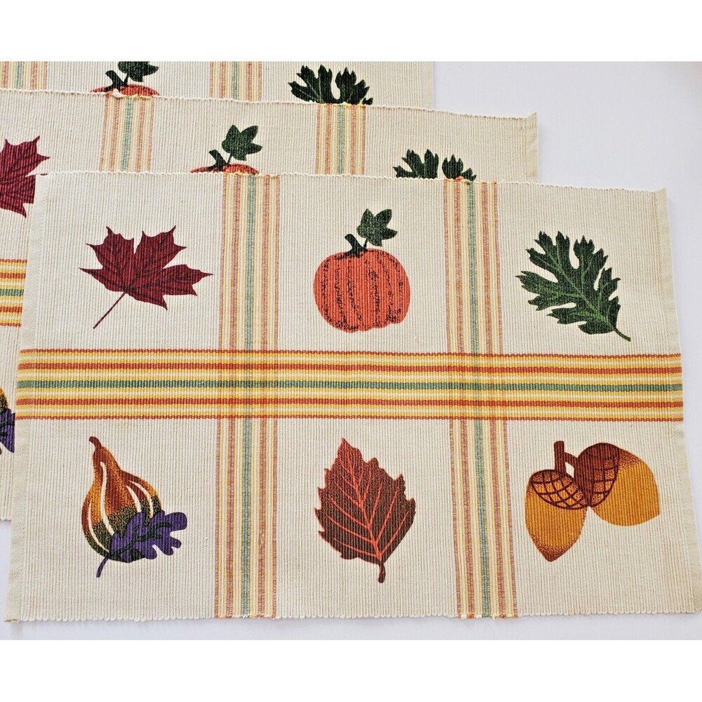 Harvest Placemats 4 Pumpkin Leaf Acorn Autumn 100% Cotton Thanksgiving 13x19.5"